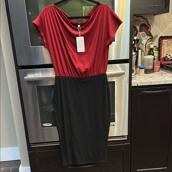 Red and Black Cowl Neck‎ Sheath Midi Dress - Picture 1 of 4